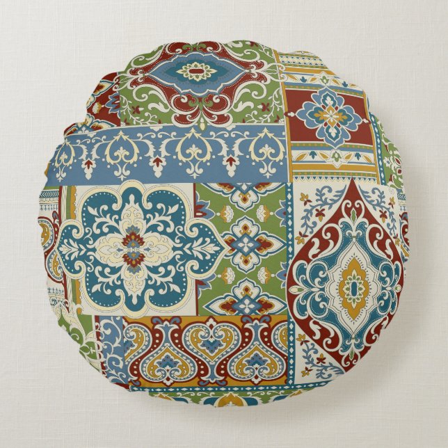 Damask Patchwork: Colourful Turkish Vintage. Round Cushion (Front)