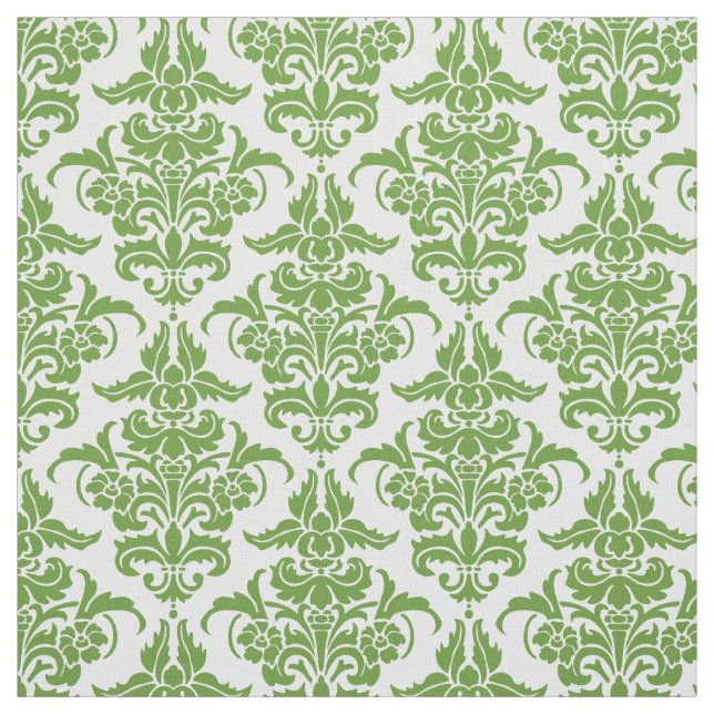 Damask Pattern - Avocado Green on White Fabric (Swatch)