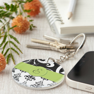Damask Pattern, Black and White Damask, Monogram Key Ring