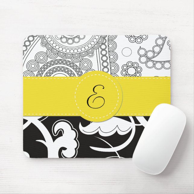 Damask Pattern, Black and White Damask, Monogram Mouse Pad (With Mouse)