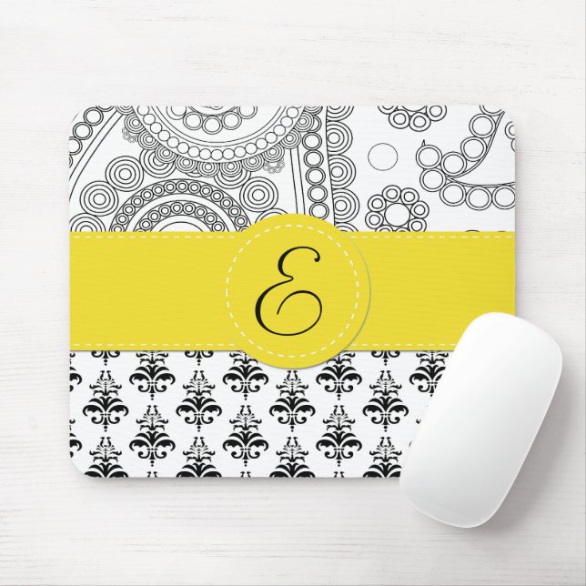 Damask Pattern, Black and White Damask, Monogram Mouse Pad (With Mouse)
