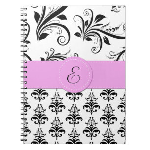 Damask Pattern, Black and White Damask, Monogram Notebook