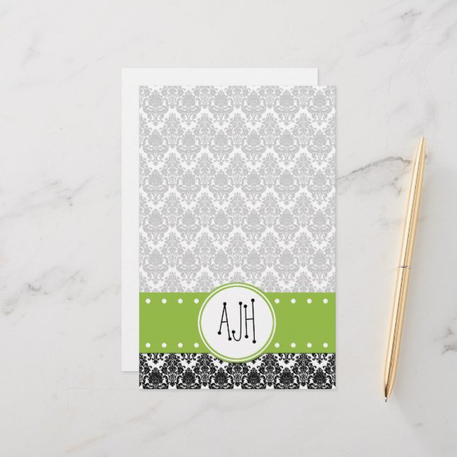 Damask Pattern, Black and White Damask, Monogram Stationery (Front/Back In Situ)