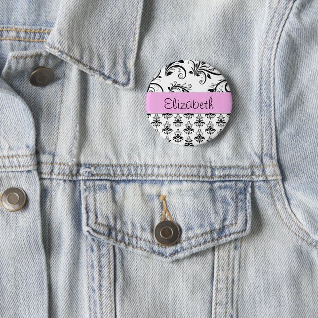 Damask Pattern, Black and White Damask, Your Name 6 Cm Round Badge (In Situ)
