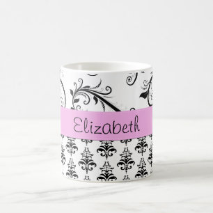 Damask Pattern, Black and White Damask, Your Name Coffee Mug