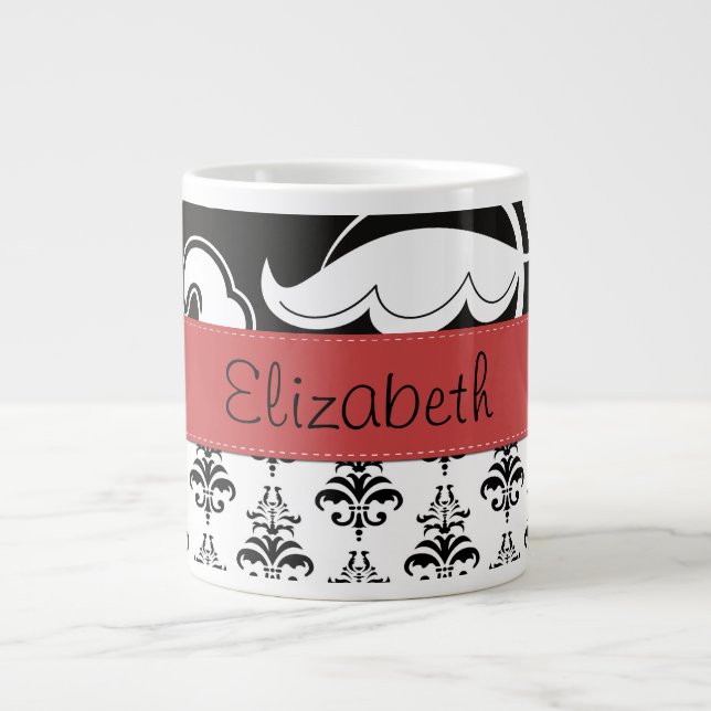 Damask Pattern, Black and White Damask, Your Name Large Coffee Mug (Front)