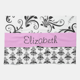 Damask Pattern, Black and White Damask, Your Name Tea Towel