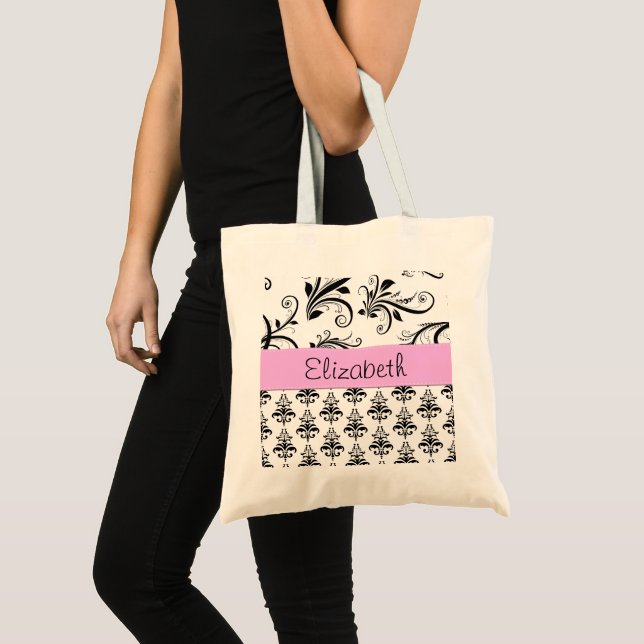 Damask Pattern, Black and White Damask, Your Name Tote Bag (Front (Product))