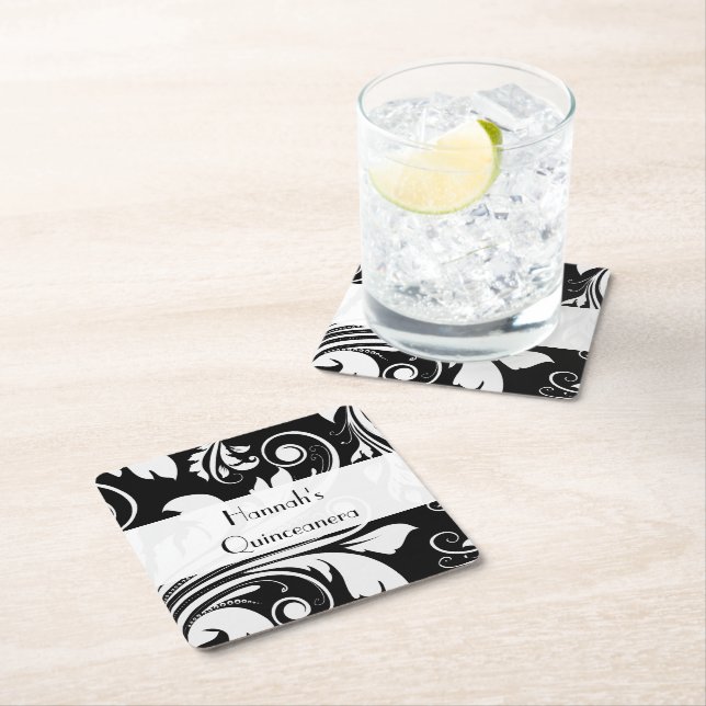 Damask Pattern, Black and White, Quinceanera Square Paper Coaster (Insitu)