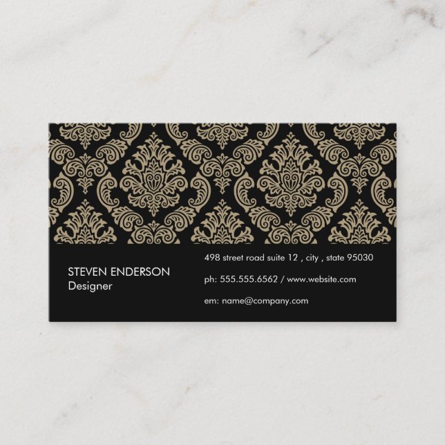 Damask Pattern Black Background Business Card (Front)