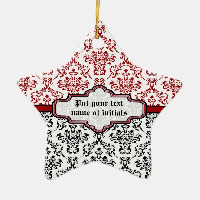 Damask pattern black red white custom ornament (Front)