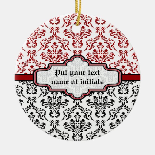 Damask pattern black red white custom ornament (Front)