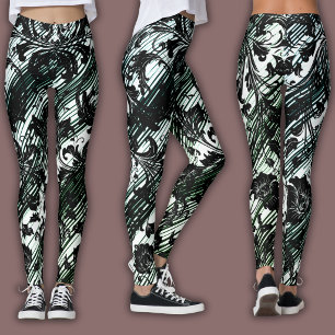 Damask Pattern   Black, White & Green Leggings