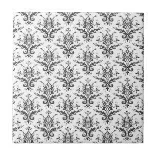 Damask Pattern Black & White, Grey Ceramic Tile