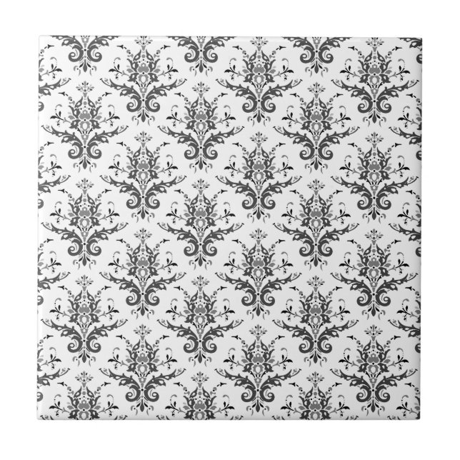 Damask Pattern Black & White, Grey Ceramic Tile (Front)