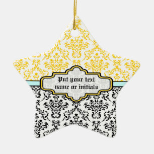 Damask pattern black white yellow aqua ornament
