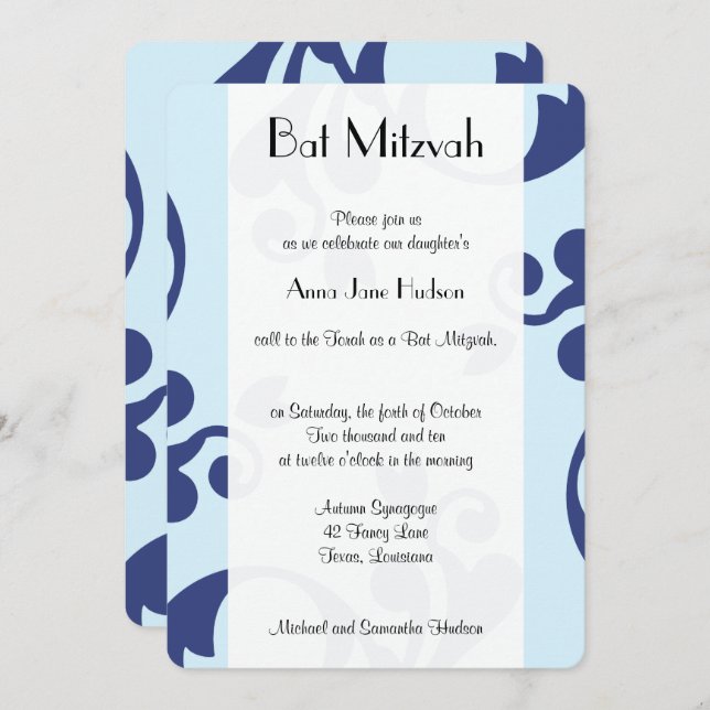 Damask Pattern, Blue Damask, Bat Mitzvah Invitation (Front/Back)