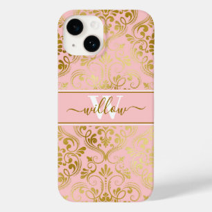 Damask Pattern Blush Pink Gold Name Monogram Case-Mate iPhone 14 Case