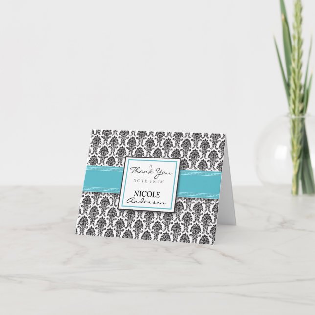 Damask Pattern Custom Thank You Card (aqua) (Front)