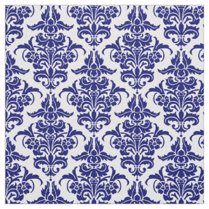 Damask Pattern - Deep Navy Blue on White Fabric