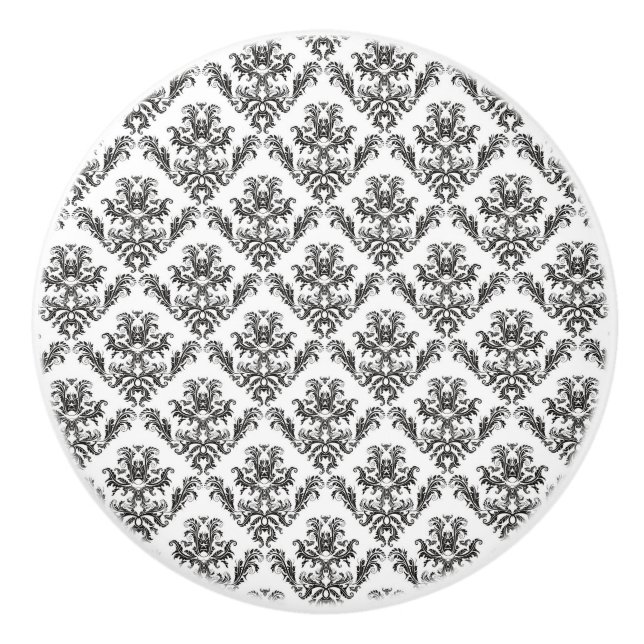 Damask Pattern, French Damask, Black and White Ceramic Knob (Front)