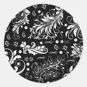 Damask Pattern, French Damask, Black and White Classic Round Sticker