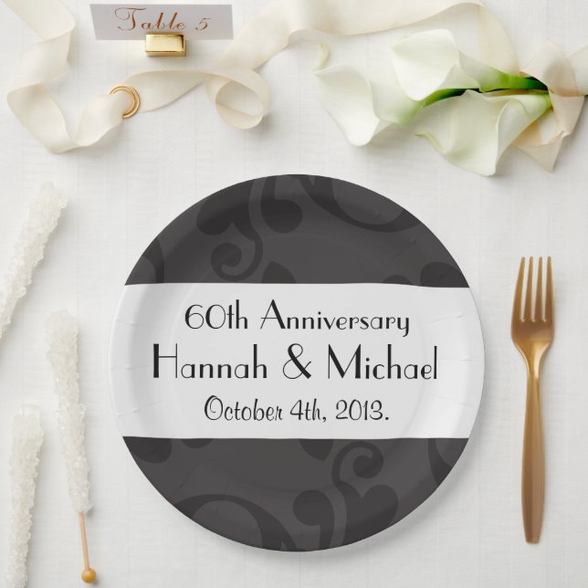 Damask Pattern, Grey Damask, Anniversary Paper Plate (Wedding)