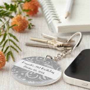 Damask Pattern, Grey Damask, Birthday Party Key Ring
