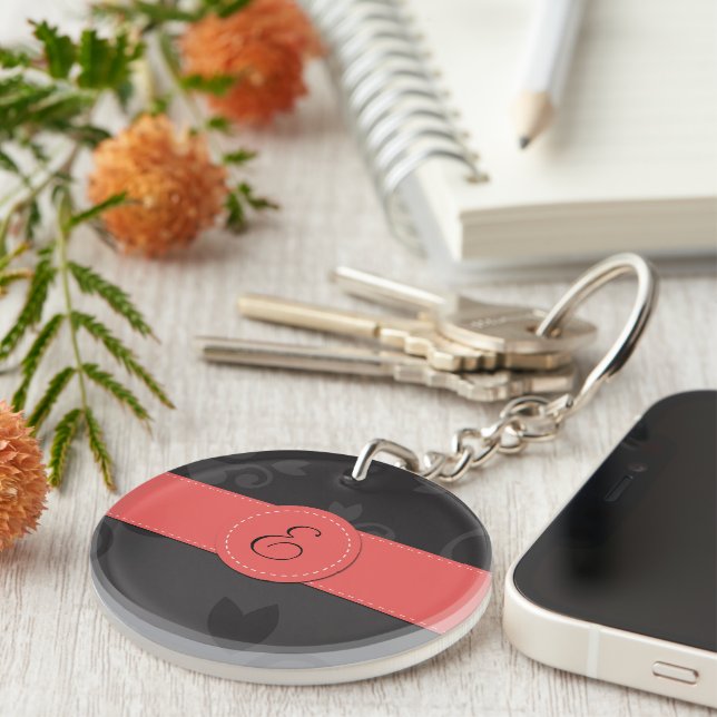 Damask Pattern, Grey Damask, Monogram Key Ring (Front Right)