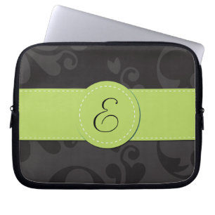 Damask Pattern, Grey Damask, Monogram Laptop Sleeve