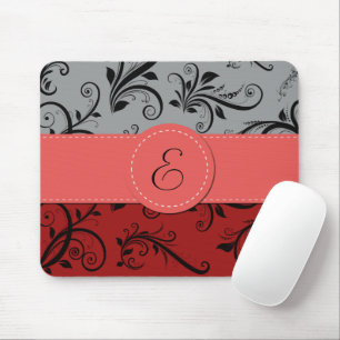 Damask Pattern, Grey Damask, Red Damask, Monogram Mouse Pad