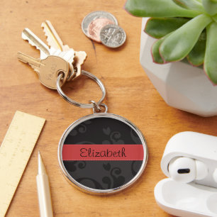 Damask Pattern, Grey Damask, Your Name Key Ring