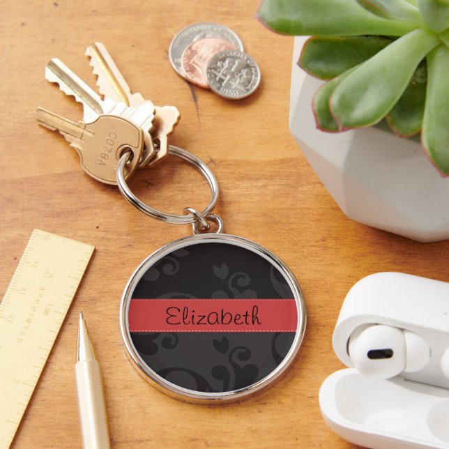 Damask Pattern, Grey Damask, Your Name Key Ring (Desk)