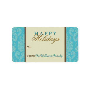 Damask Pattern Holiday Gift Tag (aqua/brown)