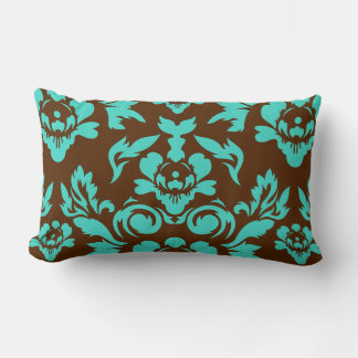 Damask Pattern in Brown & Turquoise Lumbar Cushion