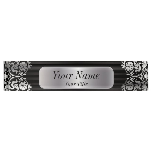 Damask Pattern in Silver Grey & Black | DIY Text Nameplate (Front)