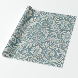 Damask Pattern in Soft Blue and Ivory Wrapping Paper