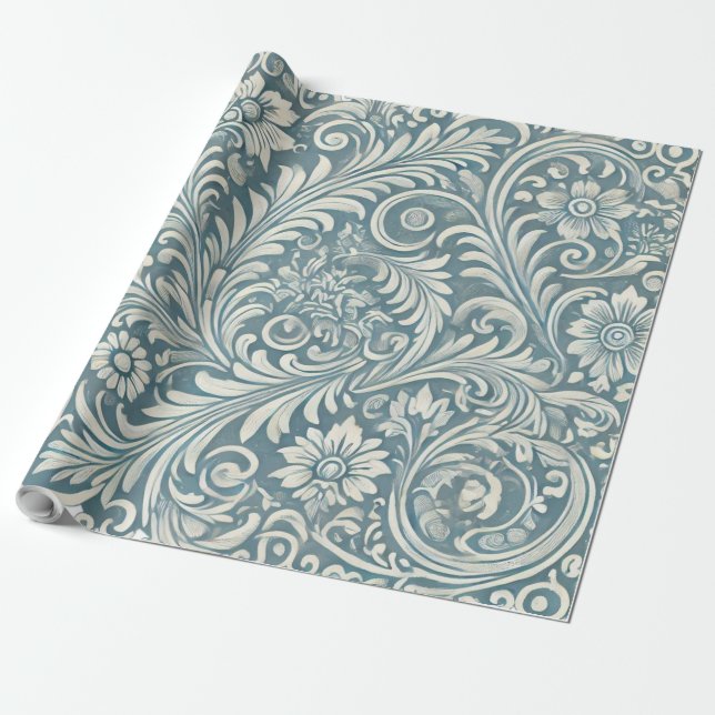 Damask Pattern in Soft Blue and Ivory Wrapping Paper (Unrolled)
