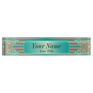 Damask Pattern in Teal & Coral DIY Text Nameplate