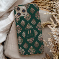 Damask Pattern Monogram Rose Gold Emerald Green