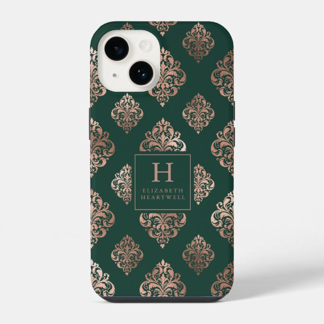 Damask Pattern Monogram Rose Gold Emerald Green iPhone Case (Back)