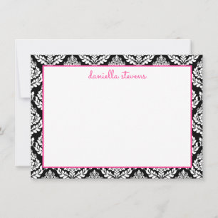 Damask Pattern Pink and Black Personalised Flat Card
