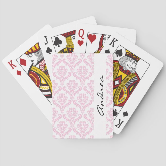 Damask Pattern, Pink Damask, Your Name Playing Cards (Back)