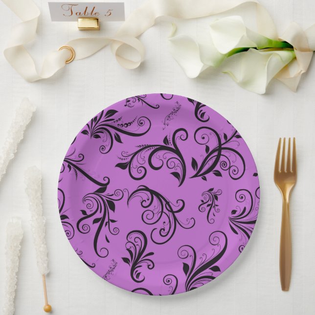 Damask Pattern, Purple Damask, French Damask Paper Plate (Wedding)