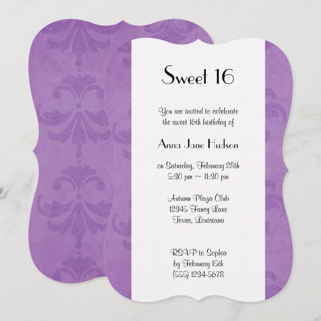 Damask Pattern, Purple Damask, Sweet 16 Invitation (Front/Back)