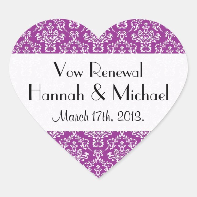 Damask Pattern, Purple Damask, Vow Renewal Heart Sticker (Front)