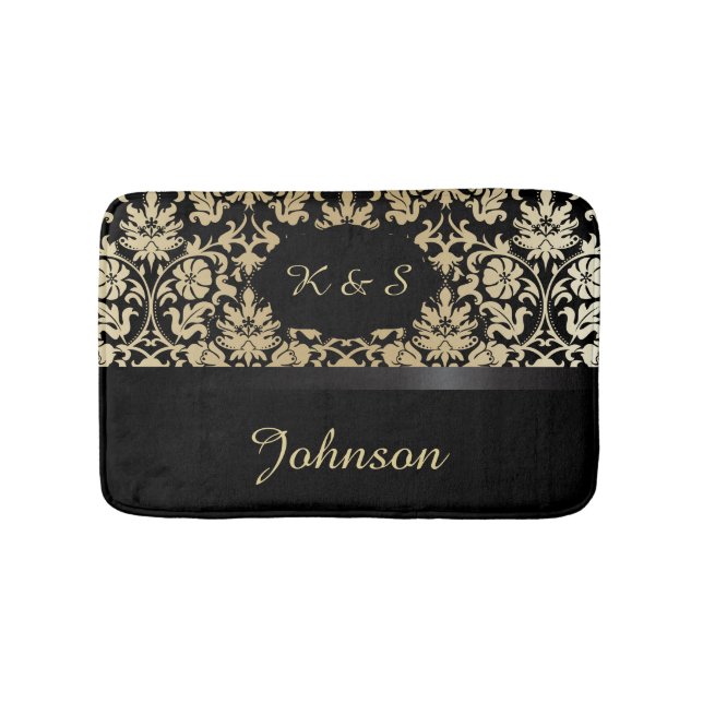 Damask Pattern Tan & Black | DIY Monogram Bath Mat (Front)