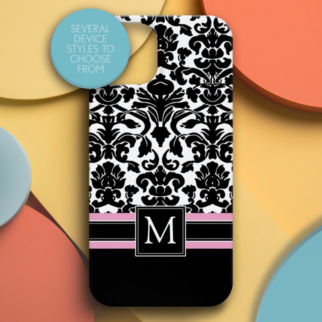 Damask Pattern with Black Pink Monogram (Monogram Phone Case)
