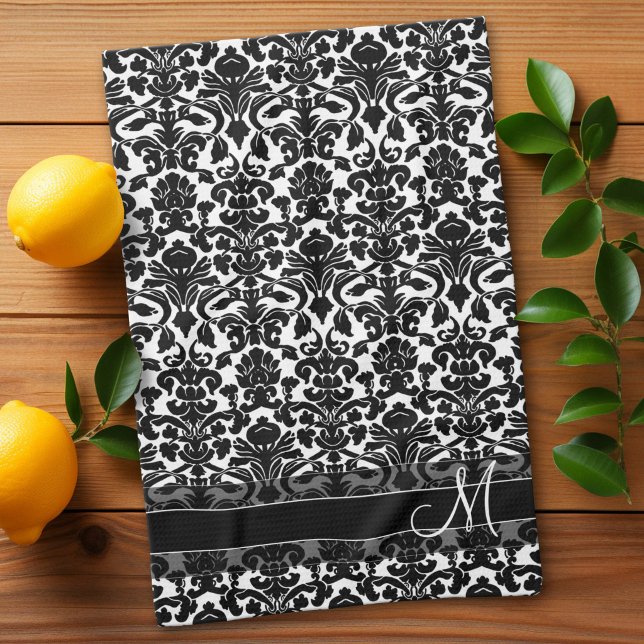 Damask Pattern with Monogram - Black and White Tea Towel (Custom Kitchen Towel)