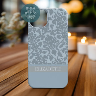 Damask Pattern with Monogram - blue iPhone 15 Mini Case